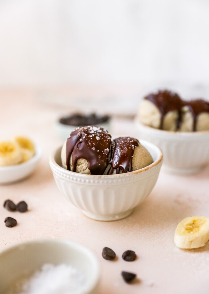 Bowl of banana ice cream topped with homemade magic shell and sea salt.