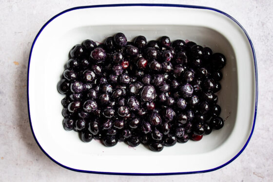 Blueberries in a baking dish.
