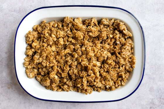 Blueberry crumble in a baking dish.