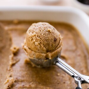 Ice cream scooper with a scoop of oatmeal raisin ice cream.