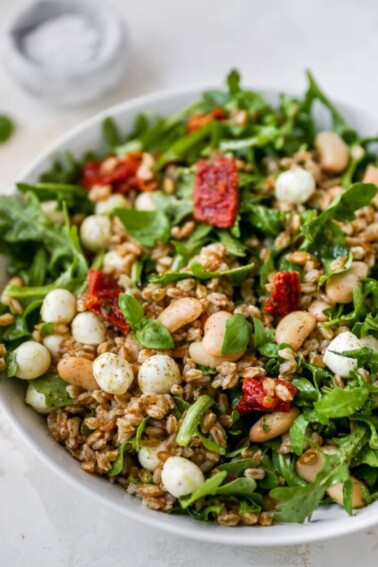 Farro salad with arugula, beans, tomatoes and mozzarella in a serving bowl.