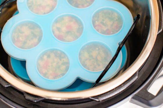 Blue egg bit molds lowered into an Instant Pot.