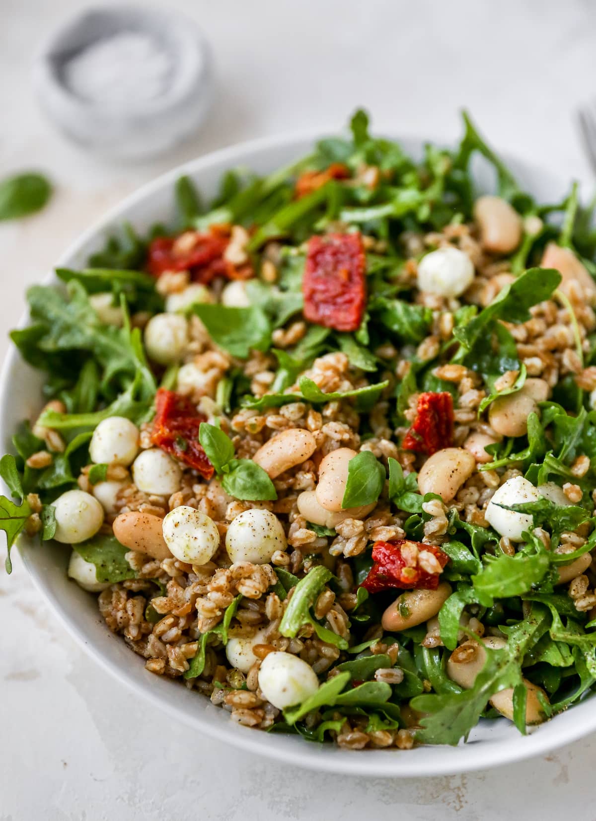 Farro salad with arugula, beans, tomatoes and mozzarella in a serving bowl.