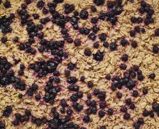 Blueberry lemon baked oatmeal close up photo.