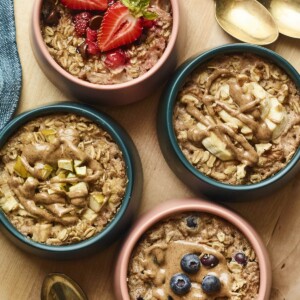 Four bowls of baked oatmeal.