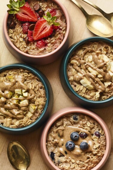 Four bowls of baked oatmeal.