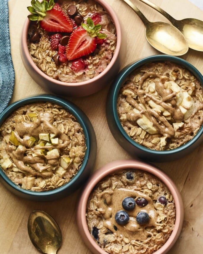 Four bowls of baked oatmeal.