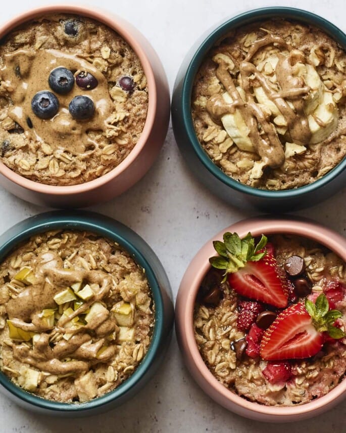 Four bowls of baked oatmeal.