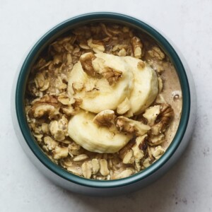 Bowl of banana walnut baked oatmeal.