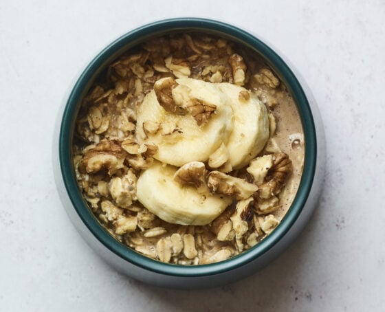 Bowl of banana walnut baked oatmeal.