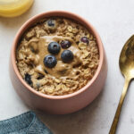 Bowl of blueberry baked oatmeal.