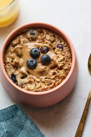 Bowl of blueberry baked oatmeal.