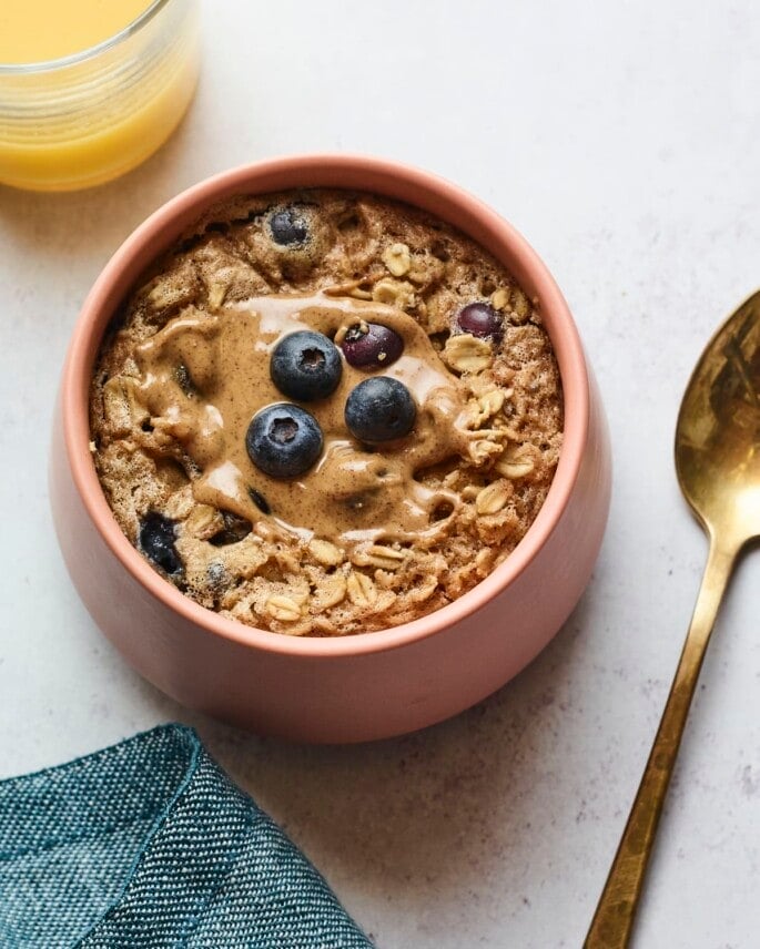 Bowl of blueberry baked oatmeal.