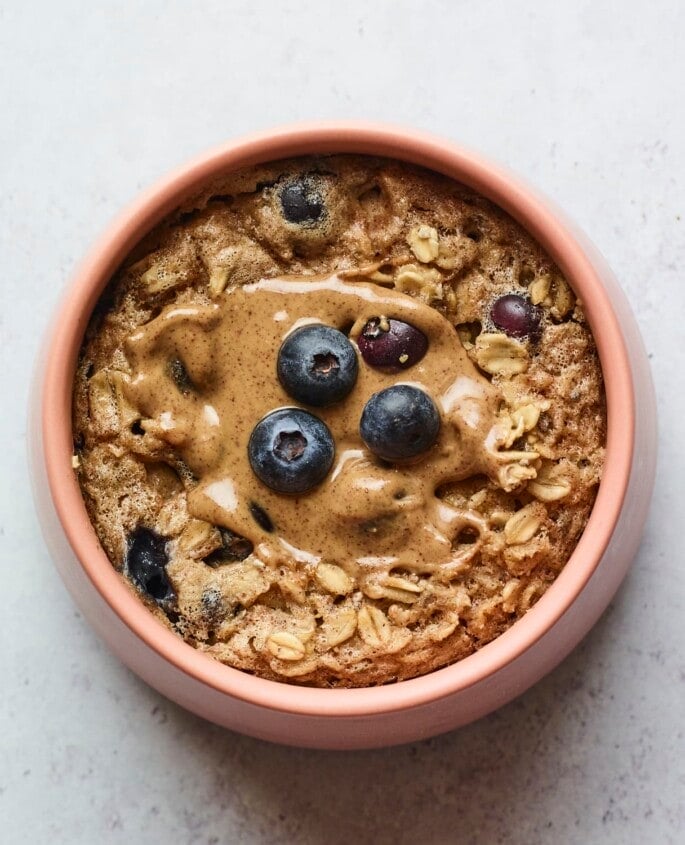 Bowl of blueberry baked oatmeal.