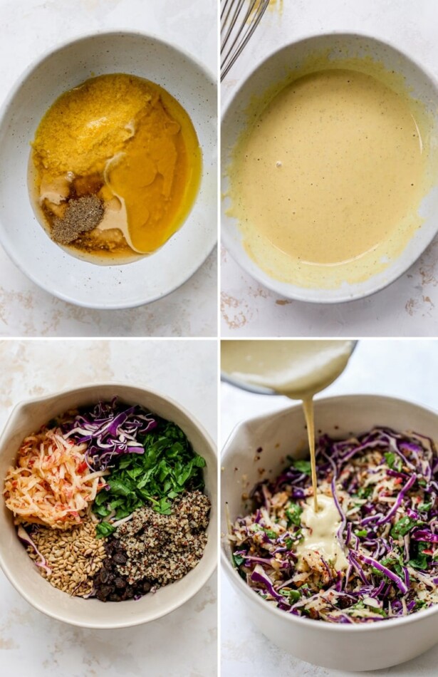 A collage with process shots for how to make apple slaw. One with dressing ingredients in a bowl, dressing whisked together, a bowl of slaw ingredients and then a shot with the dressing being poured on.