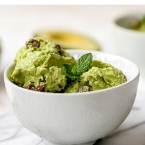 Bowl of mint chocolate chip avocado ice cream.