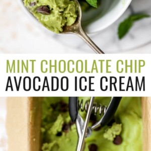Bowl of mint chocolate chip avocado ice cream. Another photo is an ice cream scoop with the avocado chip ice cream.