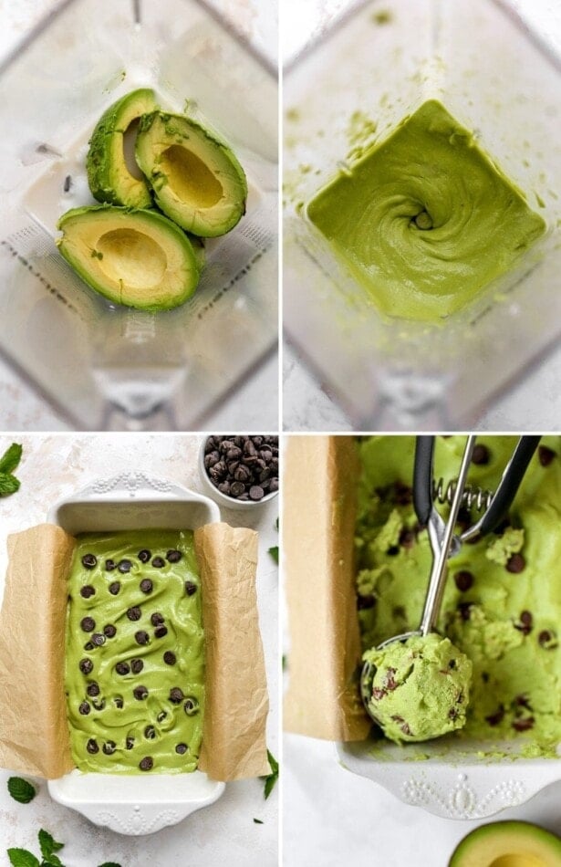 Collage of four photos showing how to make avocado ice cream: avocados in a blender, avocados blended, mixture in a pan with chocolate chips, and a photo of an ice cream scoop with the ice cream.