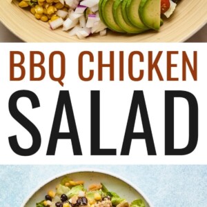 Two photos. The first is a salad bowl with corn, avocado, lettuce, onion, black beans, cheese, bbq chicken, bbq sauce and ranch. The second photo is a plate with bbq chicken salad on it.