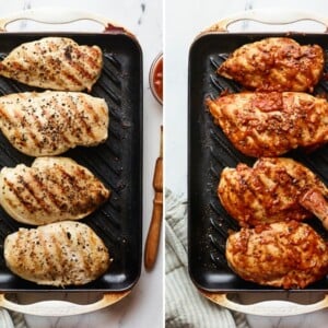 Side by side photos of 4 chicken breasts on a grill pan before and after being brushed with bbq sauce.