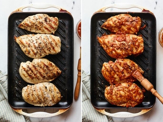 Side by side photos of 4 chicken breasts on a grill pan before and after being brushed with bbq sauce.