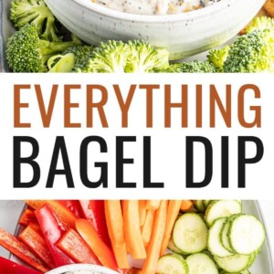 Everything bagel dip in a bowl. Veggies and pita chips are around the bowl of dip.