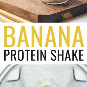 Photo of two mason jars with banana protein shakes, and a photo of a banana protein shake in a blender.