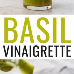 Jar of basil vinaigrette. A second photo of the basil vinaigrette being drizzled over a salad.