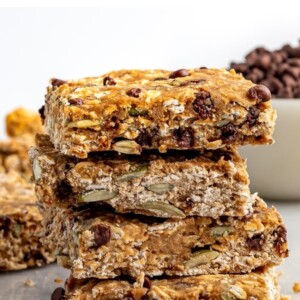 Stack of chocolate chip oatmeal breakfast bars.