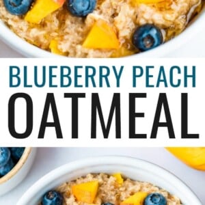 Blueberry peach oatmeal in bowl with blueberries and fresh chopped peaches on top with a little almond butter on top as well.