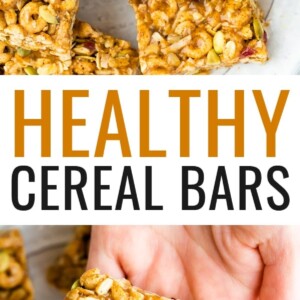 Cereal bars studded with dried cranberries and seeds on a plate. Hand holds one bar.