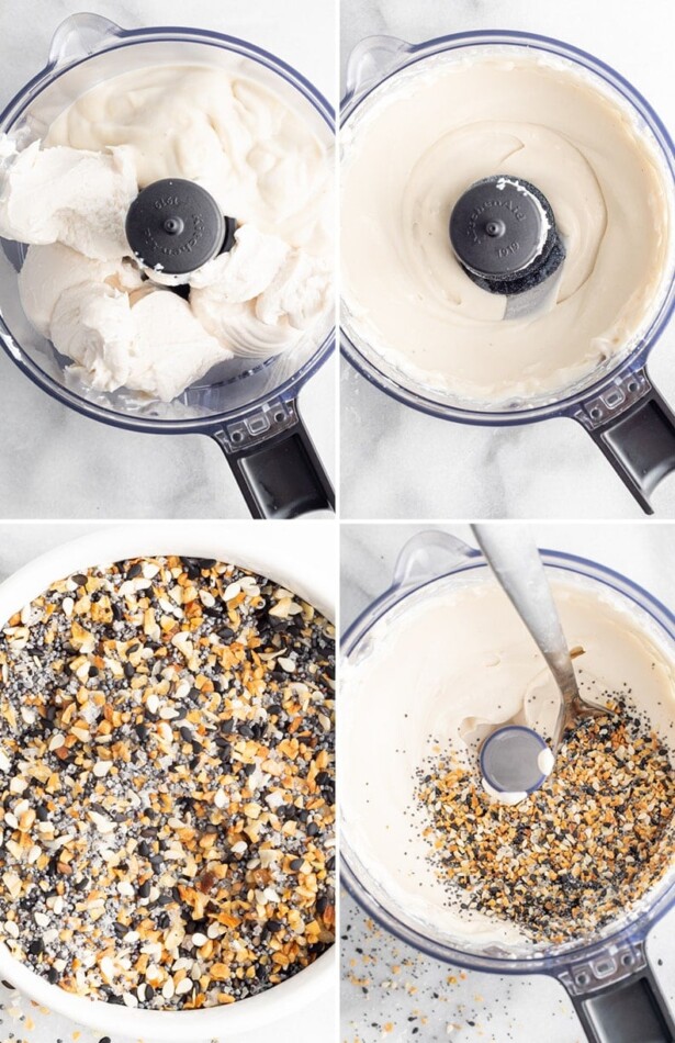 Collage of four photos showing vegan cream cheese and yogurt being blended in a food processor, then getting everything bagel seasoning stirred into the mixture.