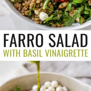 Farro arugula salad in a bowl. Second photo is a bowl with cannellini beans, sun dried tomatoes, mozzarella balls, farro and arugula.