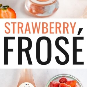 Photo of a glass of frose, and a photo of a bottle of rose, frozen strawberries and honey.