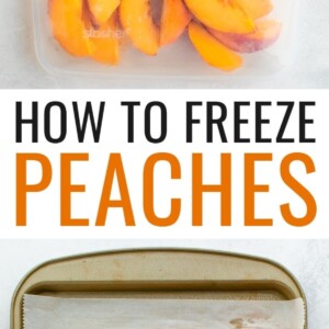 Bag of frozen peaches, and a cookie tray lined with parchment with peach slices.