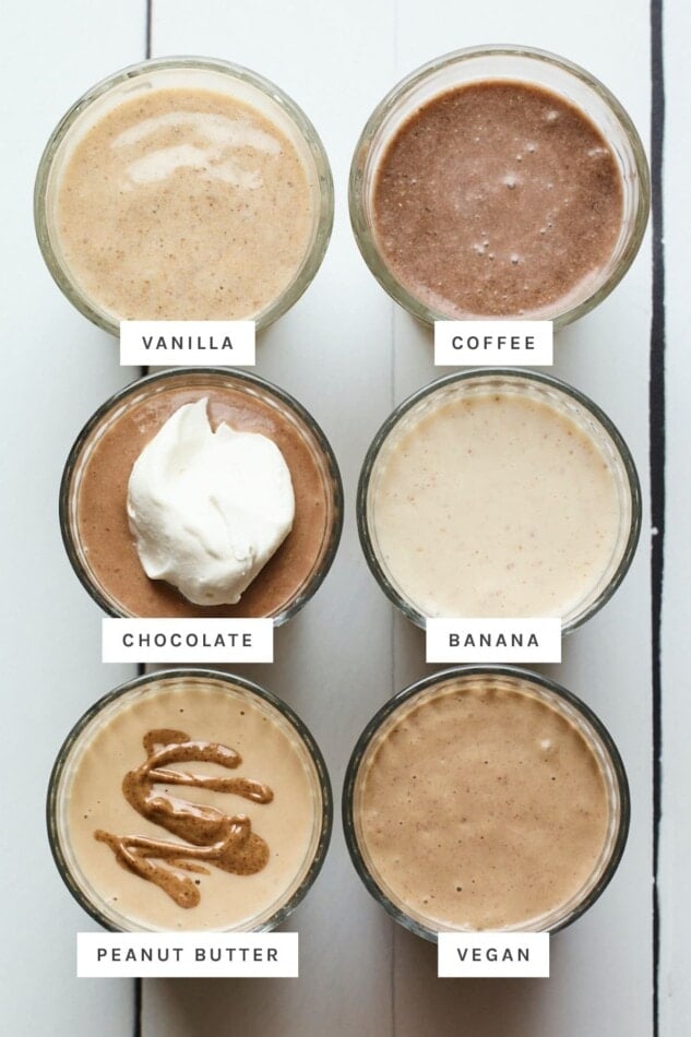 Bird's eye photo of 6 different protein shakes.