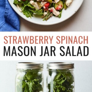 Photo of a plated strawberry spinach chicken salad and a photo of four mason jars with the salad inside.