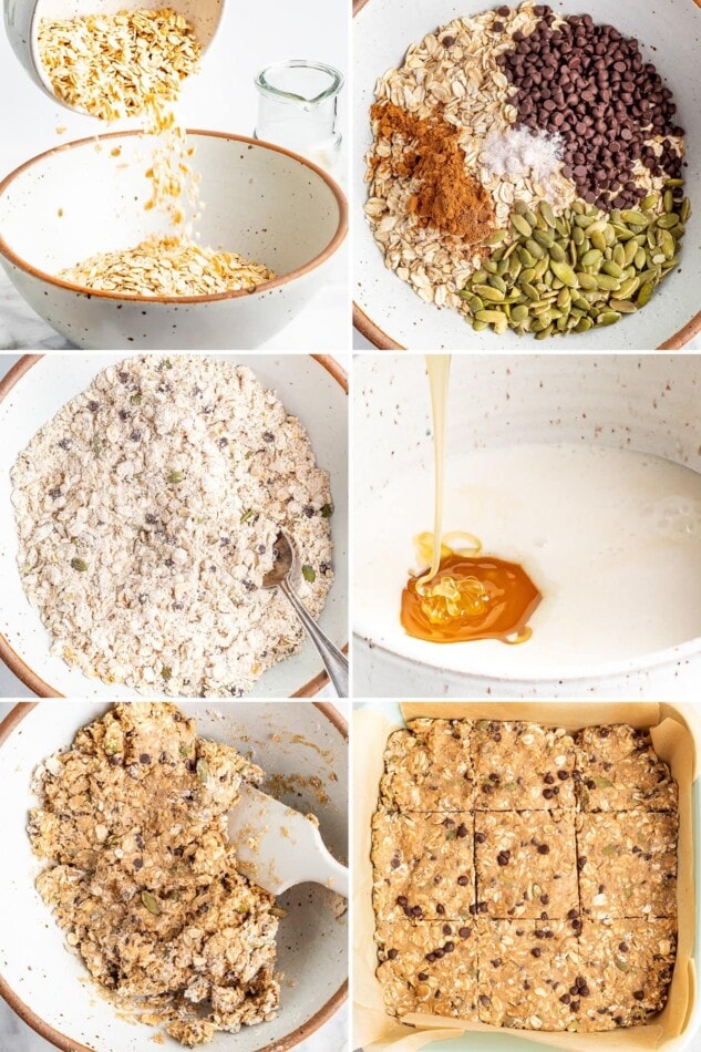 6 photos showing the process of how to make oatmeal breakfast bars, from making the batter to baking in a pan.