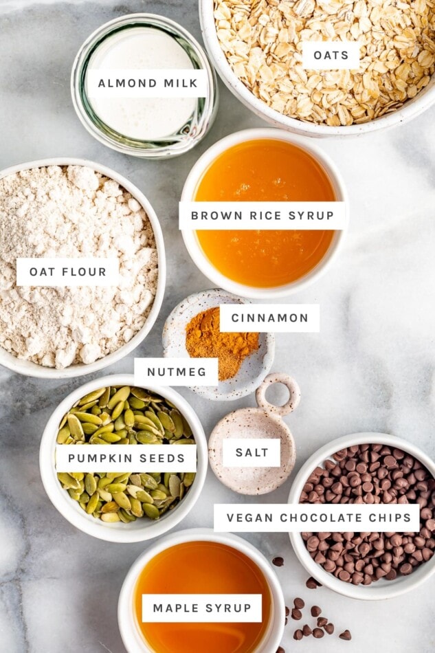 Ingredients measured out to make oatmeal breakfast bars: oats, almond milk, brown rice syrup, oat flour, cinnamon, nutmeg, salt, pumpkin seeds, chocolate chips and maple syrup.