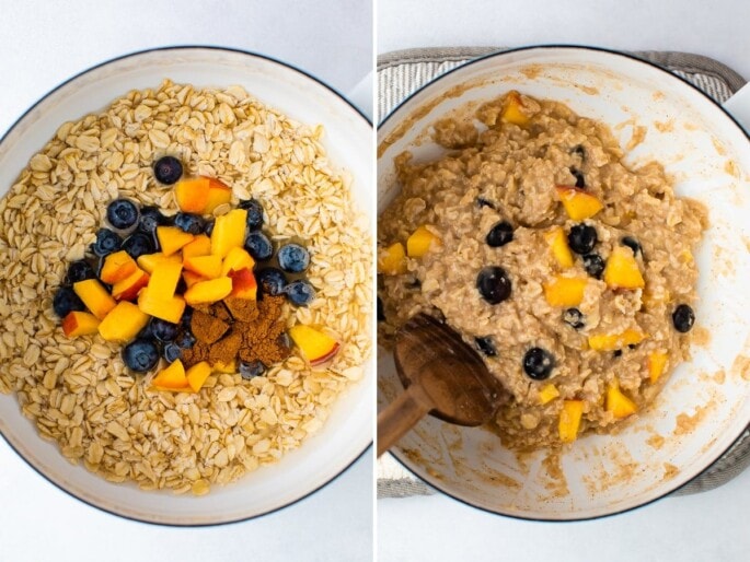 Side by side photos of a pot. The first has oats, cinnamon, blueberries and peached before being cooked. The second photo is the pot with cooked oatmeal.