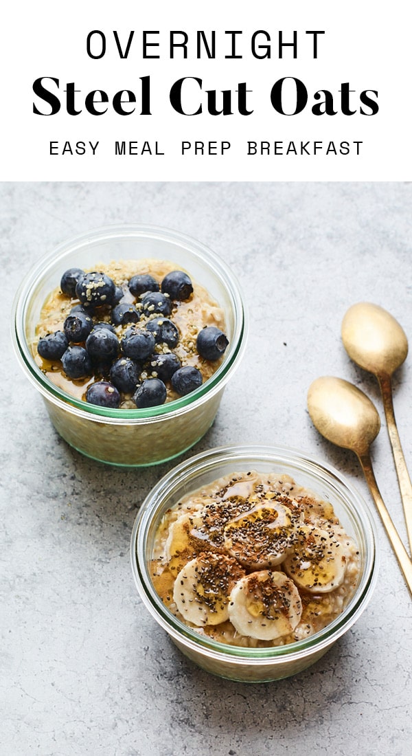 Two glass bowls of overnight steel cut oats. One it topped with blueberries and the other is topped with banana, maple and chia seeds.
