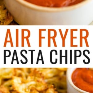 First photo: person dipping a pasta chip into a bowl of marina. Photo 2: Pasta chips on a plate with a small bowl of marinara for dipping.