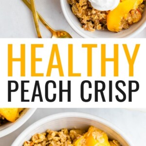 Bowls of peach crisp. Some are topped with whipped cream.