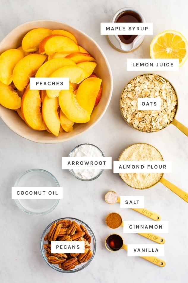 Ingredients measured out to make peach crisp.