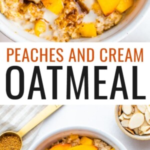 Peaches and cream oatmeal in a white bowl with fresh peaches and oat milk on top.