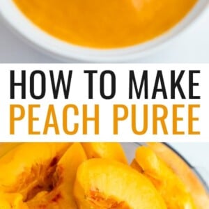 Bowl of peach puree with a spoon scooping up some. Another photo is of peached in a food processor.