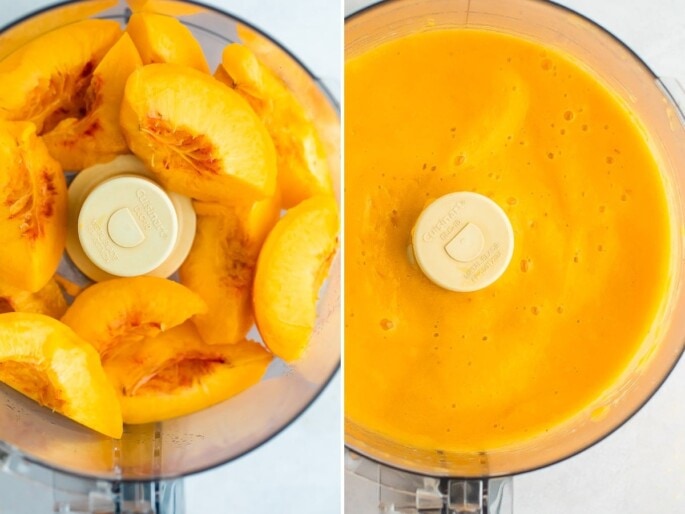 Side by side photos of peaches being blended in a food processor.