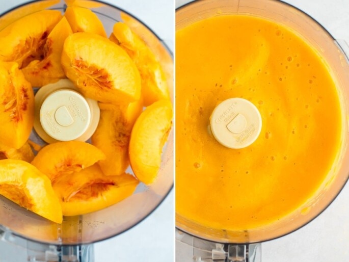 Side by side photos of peaches being blended in a food processor.