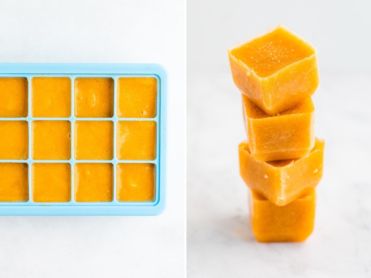 Side by side photos of peach puree baby food in an ice cube tray, and then a stack of frozen peach cubes.