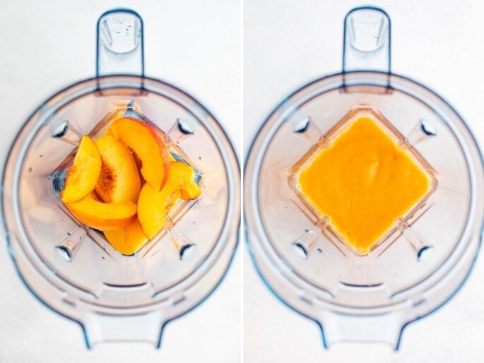 Side by side photos of peaches being blended in a blender..